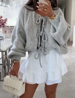 Sale Women's Sweater Cardigan Casual Soft Pure Color Ribbed Crew Neck Knitted Long Sleeve Regular Tops Knit Outdoor Daily Weekend Pink Beige Fall Winter Women Cardigans & Outerwears