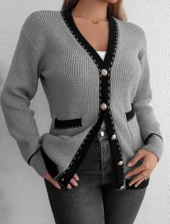 Women's Sweater Cardigan Casual Solid Color Color Block Shirt Collar Knitted Long Sleeve Long Tops Knit Work Black Gray Fall Winter Women Cardigans & Outerwears