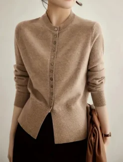 Sale Women's Sweater Cardigan Casual Soft Pure Color Ribbed Stand Collar Buttons Knitted Long Sleeve Regular Tops Knit Outdoor Daily Weekend Pink Camel Fall Winter Women Cardigans & Outerwears