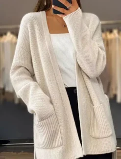 Online Women's Sweater Cardigan Casual Soft Pure Color Ribbed Open Front Pocket Knitted Long Sleeve Regular Tops Knit Outdoor Daily Weekend Green Beige Fall Winter Women Pullovers & Tops|Cardigans & Outerwears