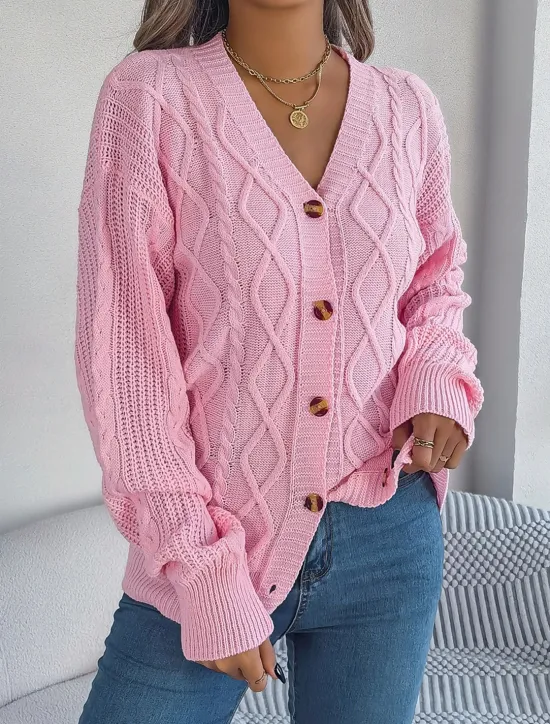 Online Women's Sweater Cardigan Casual Soft Pure Color Ribbed V Neck Buttons Pocket Knitted Long Sleeve Regular Tops Knit Outdoor Daily Weekend White Pink Fall Winter Women Cardigans & Outerwears