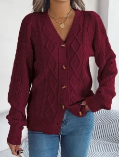 Online Women's Sweater Cardigan Casual Soft Pure Color Ribbed V Neck Buttons Pocket Knitted Long Sleeve Regular Tops Knit Outdoor Daily Weekend White Pink Fall Winter Women Cardigans & Outerwears