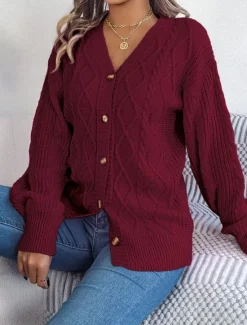 Online Women's Sweater Cardigan Casual Soft Pure Color Ribbed V Neck Buttons Pocket Knitted Long Sleeve Regular Tops Knit Outdoor Daily Weekend White Pink Fall Winter Women Cardigans & Outerwears