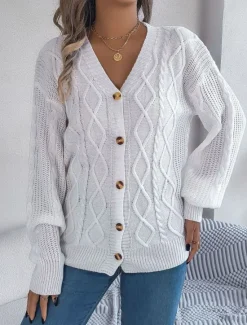 Online Women's Sweater Cardigan Casual Soft Pure Color Ribbed V Neck Buttons Pocket Knitted Long Sleeve Regular Tops Knit Outdoor Daily Weekend White Pink Fall Winter Women Cardigans & Outerwears