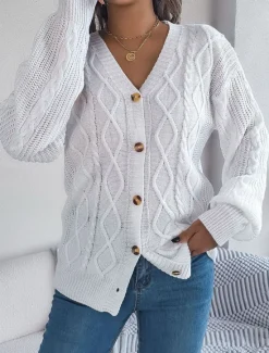 Online Women's Sweater Cardigan Casual Soft Pure Color Ribbed V Neck Buttons Pocket Knitted Long Sleeve Regular Tops Knit Outdoor Daily Weekend White Pink Fall Winter Women Cardigans & Outerwears