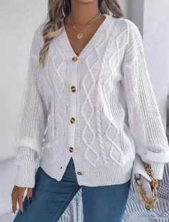Online Women's Sweater Cardigan Casual Soft Pure Color Ribbed V Neck Buttons Pocket Knitted Long Sleeve Regular Tops Knit Outdoor Daily Weekend White Pink Fall Winter Women Cardigans & Outerwears
