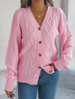 Online Women's Sweater Cardigan Casual Soft Pure Color Ribbed V Neck Buttons Pocket Knitted Long Sleeve Regular Tops Knit Outdoor Daily Weekend White Pink Fall Winter Women Cardigans & Outerwears