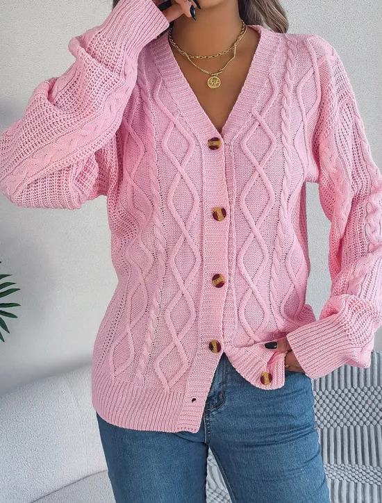 Online Women's Sweater Cardigan Casual Soft Pure Color Ribbed V Neck Buttons Pocket Knitted Long Sleeve Regular Tops Knit Outdoor Daily Weekend White Pink Fall Winter Women Cardigans & Outerwears