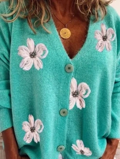 Sale Women's Sweater Cardigan Casual Soft Floral Ribbed V Neck Buttons Knitted Long Sleeve Regular Tops Knit Outdoor Daily Weekend Red Green Fall Winter Women Cardigans & Outerwears