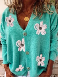 Sale Women's Sweater Cardigan Casual Soft Floral Ribbed V Neck Buttons Knitted Long Sleeve Regular Tops Knit Outdoor Daily Weekend Red Green Fall Winter Women Cardigans & Outerwears
