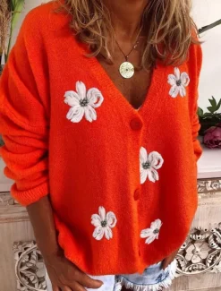 Sale Women's Sweater Cardigan Casual Soft Floral Ribbed V Neck Buttons Knitted Long Sleeve Regular Tops Knit Outdoor Daily Weekend Red Green Fall Winter Women Cardigans & Outerwears