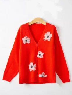Sale Women's Sweater Cardigan Casual Soft Floral Ribbed V Neck Buttons Knitted Long Sleeve Regular Tops Knit Outdoor Daily Weekend Red Green Fall Winter Women Cardigans & Outerwears