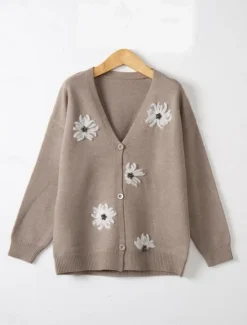 Sale Women's Sweater Cardigan Casual Soft Floral Ribbed V Neck Buttons Knitted Long Sleeve Regular Tops Knit Outdoor Daily Weekend Red Green Fall Winter Women Cardigans & Outerwears