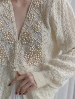 Clearance Women's Sweater Cardigan Casual Soft Pure Color Ribbed V Neck Lace Buttons Beaded Long Sleeve Regular Tops Knit Outdoor Daily Weekend Fall Winter Women Cardigans & Outerwears