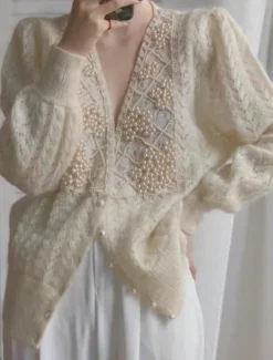 Clearance Women's Sweater Cardigan Casual Soft Pure Color Ribbed V Neck Lace Buttons Beaded Long Sleeve Regular Tops Knit Outdoor Daily Weekend Fall Winter Women Cardigans & Outerwears