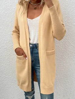 Online Women's Sweater Cardigan Casual Soft Pure Color Ribbed Open Front Pocket Knitted Long Sleeve Long Tops Knit Outdoor Daily Weekend Khaki Fall Winter Women Cardigans & Outerwears