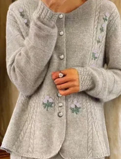 Online Women's Sweater Cardigan Crew Neck Cable Knit Embroidered Buttons Knitted Drop Shoulder Spring Fall Home Daily Holiday Vintage Daily Soft Long Sleeve Floral Pure Color Camel Beige Women Cardigans & Outerwears