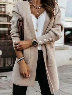 New Women's Sweater Cardigan Casual Soft Pure Color Ribbed Open Front Buttons Pocket Knitted Long Sleeve Long Tops Knit Outdoor Daily Weekend Fall Winter Women Cardigans & Outerwears