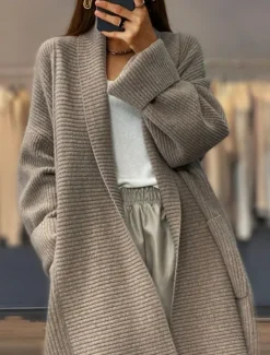 Discount Women's Sweater Cardigan Casual Soft Pure Color Ribbed Open Front Pocket Knitted Long Sleeve Long Tops Knit Outdoor Daily Weekend Khaki Beige Fall Winter Women Cardigans & Outerwears