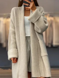 Discount Women's Sweater Cardigan Casual Soft Pure Color Ribbed Open Front Pocket Knitted Long Sleeve Long Tops Knit Outdoor Daily Weekend Khaki Beige Fall Winter Women Cardigans & Outerwears