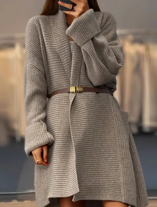 Discount Women's Sweater Cardigan Casual Soft Pure Color Ribbed Open Front Pocket Knitted Long Sleeve Long Tops Knit Outdoor Daily Weekend Khaki Beige Fall Winter Women Cardigans & Outerwears