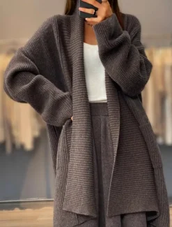 Discount Women's Sweater Cardigan Casual Soft Pure Color Ribbed Open Front Pocket Knitted Long Sleeve Long Tops Knit Outdoor Daily Weekend Khaki Beige Fall Winter Women Cardigans & Outerwears