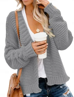 Clearance Women's Sweater Cardigan Casual Soft Pure Color Ribbed V Neck Knitted Long Sleeve Regular Tops Knit Outdoor Daily Weekend Army Green Blue Fall Winter Women Cardigans & Outerwears