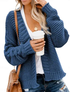 Clearance Women's Sweater Cardigan Casual Soft Pure Color Ribbed V Neck Knitted Long Sleeve Regular Tops Knit Outdoor Daily Weekend Army Green Blue Fall Winter Women Cardigans & Outerwears