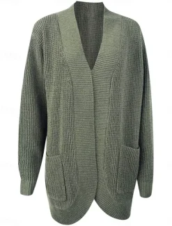 Hot Women's Sweater Cardigan Casual Soft Pure Color Ribbed V Neck Pocket Knitted Long Sleeve Regular Tops Knit Outdoor Daily Weekend Army Green Gray Fall Winter Women Cardigans & Outerwears