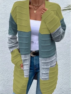 Sale Women's Sweater Cardigan Casual Soft Color Block Ribbed Open Front Pocket Knitted Long Sleeve Long Tops Knit Outdoor Daily Weekend Pink Orange Fall Winter Women Cardigans & Outerwears
