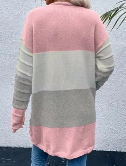 Sale Women's Sweater Cardigan Casual Soft Color Block Ribbed Open Front Pocket Knitted Long Sleeve Long Tops Knit Outdoor Daily Weekend Pink Orange Fall Winter Women Cardigans & Outerwears
