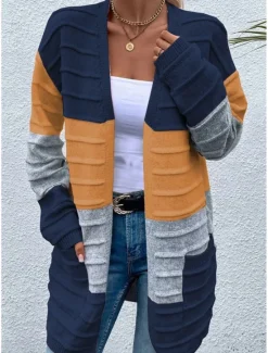 Sale Women's Sweater Cardigan Casual Soft Color Block Ribbed Open Front Pocket Knitted Long Sleeve Long Tops Knit Outdoor Daily Weekend Pink Orange Fall Winter Women Cardigans & Outerwears