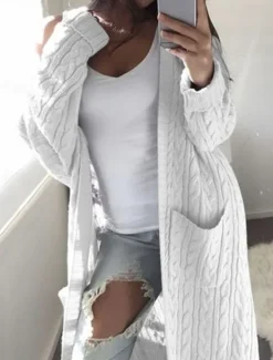Outlet Women's Sweater Cardigan Casual Soft Pure Color Cable Open Front Pocket Knitted Long Sleeve Long Tops Knit Outdoor Daily Weekend White Pink Fall Winter Women Cardigans & Outerwears