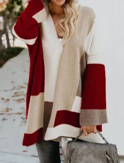 Women's Sweater Cardigan Casual Soft Striped Ribbed Open Front Knitted Long Sleeve Long Tops Knit Outdoor Daily Weekend Wine Brown Fall Winter Women Cardigans & Outerwears