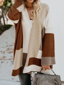 Women's Sweater Cardigan Casual Soft Striped Ribbed Open Front Knitted Long Sleeve Long Tops Knit Outdoor Daily Weekend Wine Brown Fall Winter Women Cardigans & Outerwears