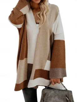 Women's Sweater Cardigan Casual Soft Striped Ribbed Open Front Knitted Long Sleeve Long Tops Knit Outdoor Daily Weekend Wine Brown Fall Winter Women Cardigans & Outerwears