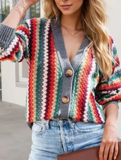 Online Women's Sweater Cardigan Casual Soft Geometric Ribbed V Neck Buttons Knitted Long Sleeve Regular Tops Knit Outdoor Daily Weekend Fall Winter Women Cardigans & Outerwears