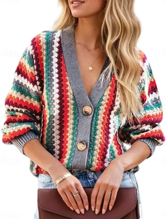 Online Women's Sweater Cardigan Casual Soft Geometric Ribbed V Neck Buttons Knitted Long Sleeve Regular Tops Knit Outdoor Daily Weekend Fall Winter Women Cardigans & Outerwears