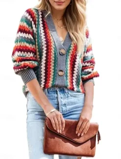 Online Women's Sweater Cardigan Casual Soft Geometric Ribbed V Neck Buttons Knitted Long Sleeve Regular Tops Knit Outdoor Daily Weekend Fall Winter Women Cardigans & Outerwears