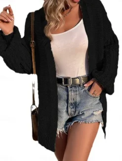 Outlet Women's Sweater Cardigan Casual Soft Pure Color Ribbed Open Front Knitted Long Sleeve Regular Tops Knit Outdoor Daily Weekend Black Pink Fall Winter Women Cardigans & Outerwears