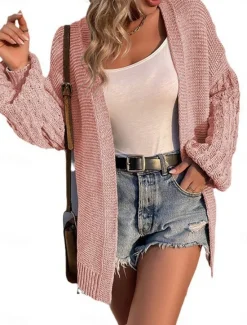 Outlet Women's Sweater Cardigan Casual Soft Pure Color Ribbed Open Front Knitted Long Sleeve Regular Tops Knit Outdoor Daily Weekend Black Pink Fall Winter Women Cardigans & Outerwears