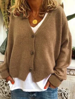 Women's Sweater Cardigan Casual Soft Pure Color Ribbed V Neck Buttons Knitted Long Sleeve Regular Tops Knit Outdoor Daily Weekend Wine Green Fall Winter Women Cardigans & Outerwears|Pullovers & Tops