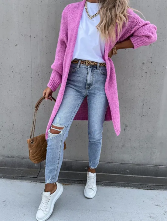 Hot Women's Sweater Cardigan Casual Soft Pure Color Ribbed Open Front Knitted Long Sleeve Long Tops Knit Outdoor Daily Weekend Pink Green Fall Winter Women Cardigans & Outerwears