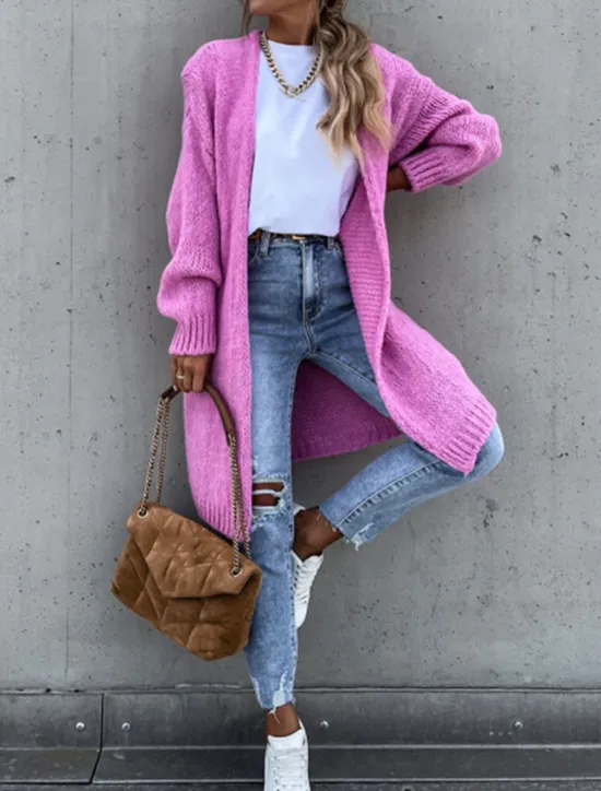 Hot Women's Sweater Cardigan Casual Soft Pure Color Ribbed Open Front Knitted Long Sleeve Long Tops Knit Outdoor Daily Weekend Pink Green Fall Winter Women Cardigans & Outerwears