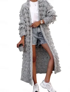Sale Women's Sweater Cardigan Casual Soft Pure Color Ribbed Open Front Tassel Knitted Long Sleeve Long Tops Knit Outdoor Daily Weekend Black Khaki Fall Winter Women Cardigans & Outerwears