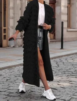 Sale Women's Sweater Cardigan Casual Soft Pure Color Ribbed Open Front Tassel Knitted Long Sleeve Long Tops Knit Outdoor Daily Weekend Black Khaki Fall Winter Women Cardigans & Outerwears