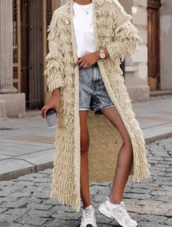 Sale Women's Sweater Cardigan Casual Soft Pure Color Ribbed Open Front Tassel Knitted Long Sleeve Long Tops Knit Outdoor Daily Weekend Black Khaki Fall Winter Women Cardigans & Outerwears
