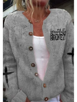 Hot Women's Sweater Cardigan Casual Letter Ribbed Crew Neck Buttons Knitted Long Sleeve Long Tops Knit Daily Going out Weekend Black White Spring Women Cardigans & Outerwears