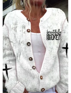 Hot Women's Sweater Cardigan Casual Letter Ribbed Crew Neck Buttons Knitted Long Sleeve Long Tops Knit Daily Going out Weekend Black White Spring Women Cardigans & Outerwears