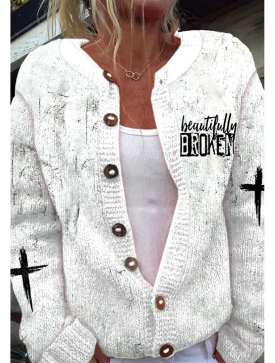Hot Women's Sweater Cardigan Casual Letter Ribbed Crew Neck Buttons Knitted Long Sleeve Long Tops Knit Daily Going out Weekend Black White Spring Women Cardigans & Outerwears